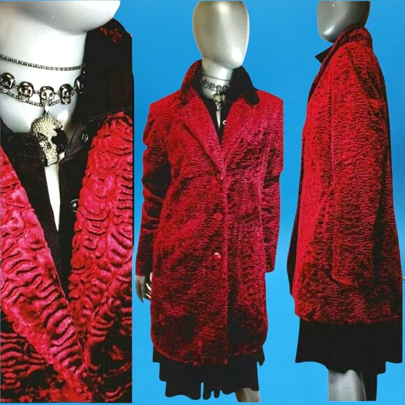 Vintage Red Velvet Textured Coat Jacket Mercedes New York Sz 14 USA Made Y2K - Picture 7 of 10